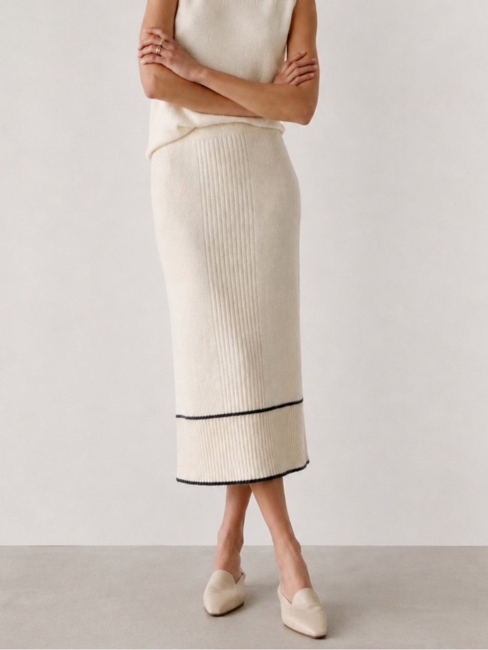 Erez | Rare Angora Lambswool Cream Ribbed Knit Midi Skirt Size M